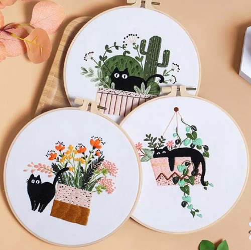 CraftHoop set of floral embroidery designs with potted plants and a cat - Creative and charming needlework kits