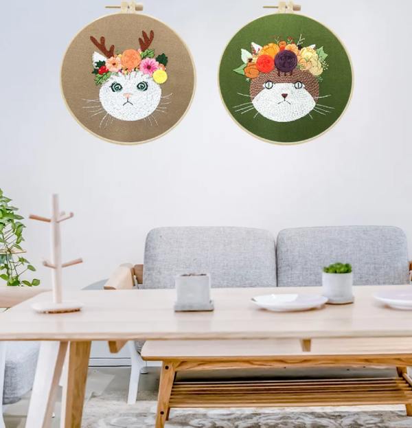 CraftHoop animal embroidery wall decor in modern home - Whimsical and charming DIY sewing kits