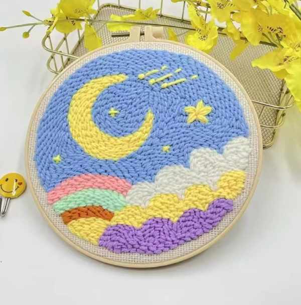 CraftHoop pastel moon and cloud embroidery on canvas - Ideal for DIY crafting enthusiasts