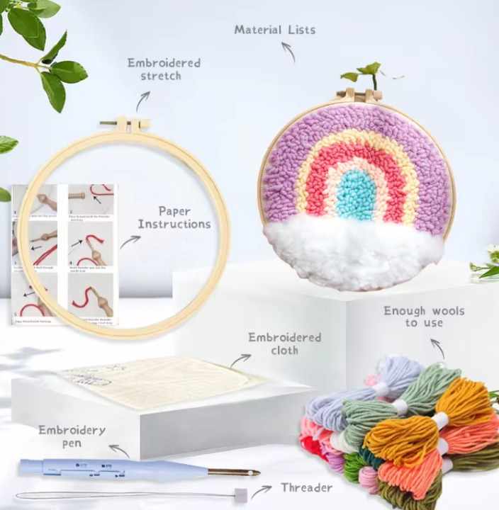 CraftHoop punch needle embroidery kit components including colorful yarns, a punch needle, and a fabric pattern, laid out on a surface.