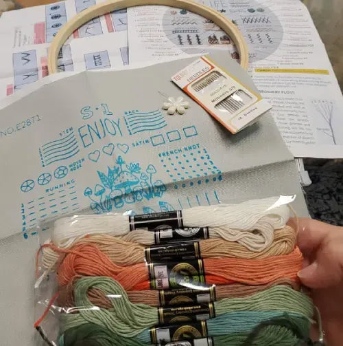 CraftHoop beginner embroidery kit in use, demonstrating stitching process on blue fabric with clear step-by-step instructions