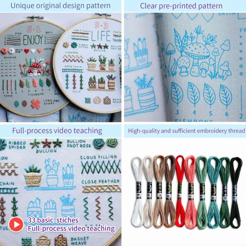 CraftHoop 4-Set Floral Design Embroidery Kit for Beginners