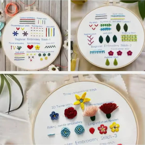 Full CraftHoop Kids & Adults Practice Embroidery Kit showcasing all components and instructional patterns.