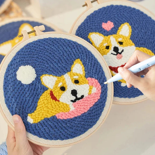 CraftHoop Corgi dog embroidery in progress - Fun and cute DIY sewing project