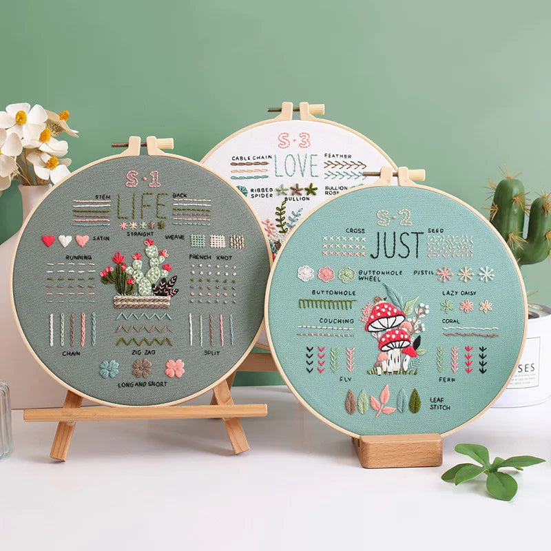 CraftHoop Beginner's 3-Piece Embroidery Kits with hoops displaying floral patterns and various stitches for embroidery beginners.