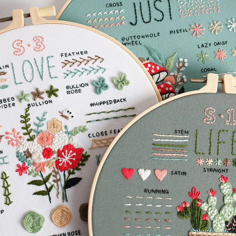 CraftHoop Beginner's 3-Piece Embroidery Kits with floral patterns and stitch tutorials