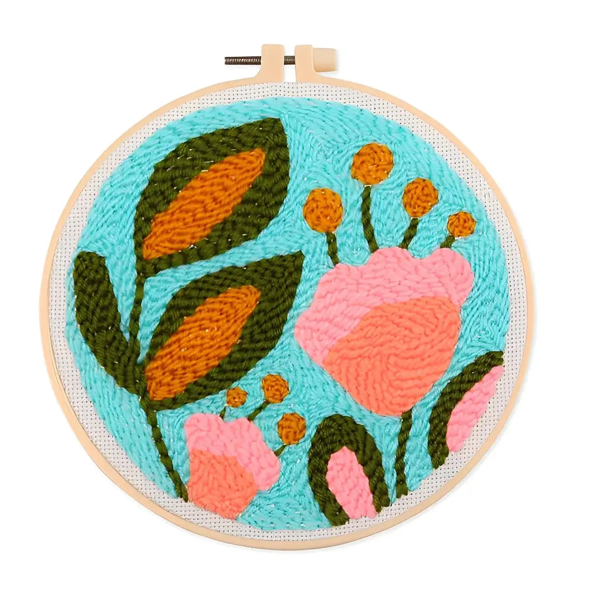 CraftHoop Garden Glow Punch Needle Kit showcasing vibrant flowers and leaves in a colorful embroidery design.