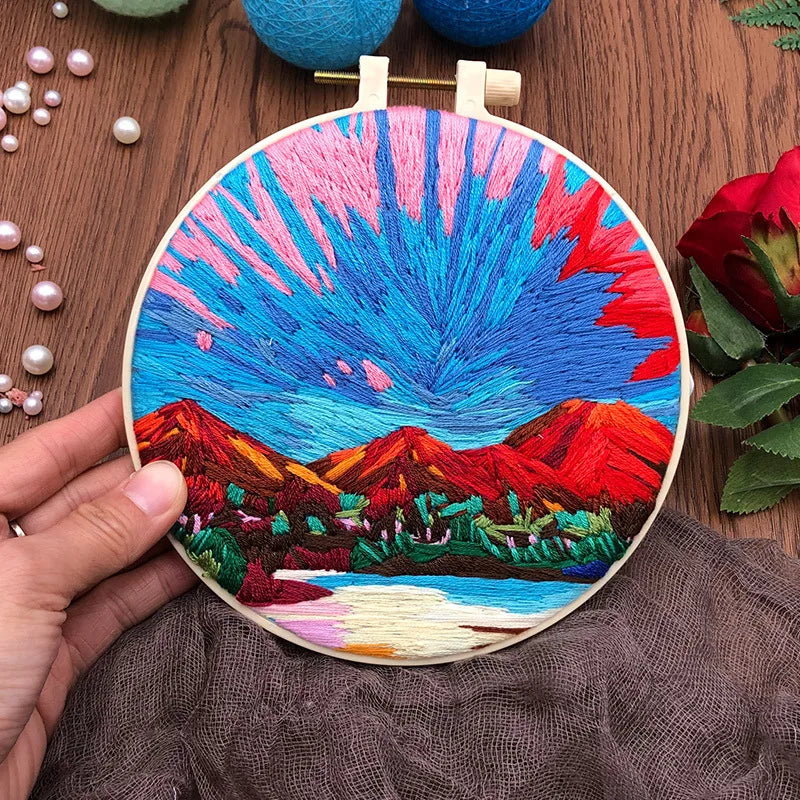 CraftHoop sunset landscape embroidery in progress - Perfect for beginners and experienced crafters