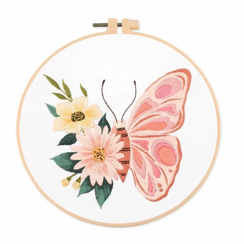 CraftHoop pink butterfly embroidery with floral details - Easy and fun needlework project