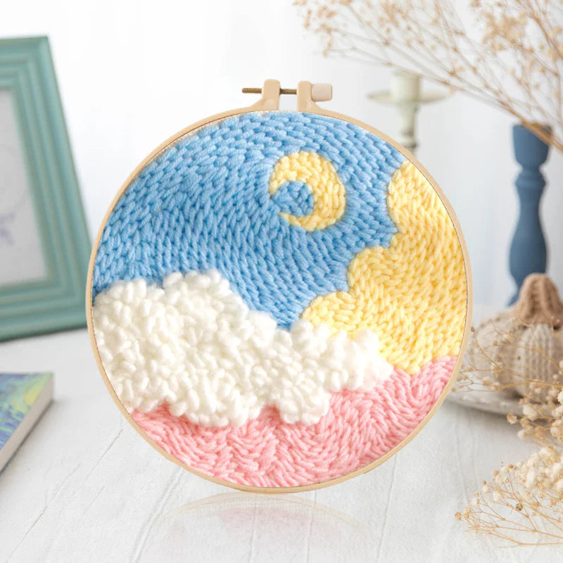 CraftHoop blue and yellow moon and star embroidery pattern - Beginner-friendly sewing kit