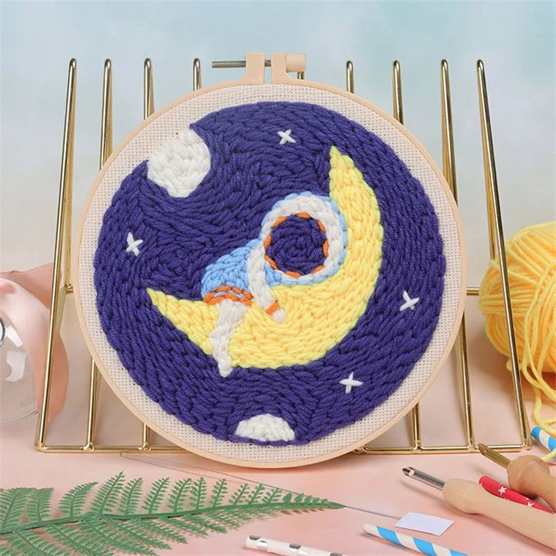 CraftHoop night sky embroidery with crescent moon and stars - Beginner DIY sewing kit