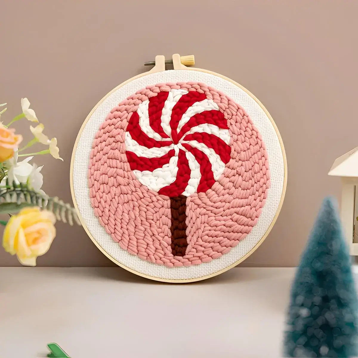 CraftHoop Christmas Cheer Punch Needle Kit candy cane design for festive holiday crafting.