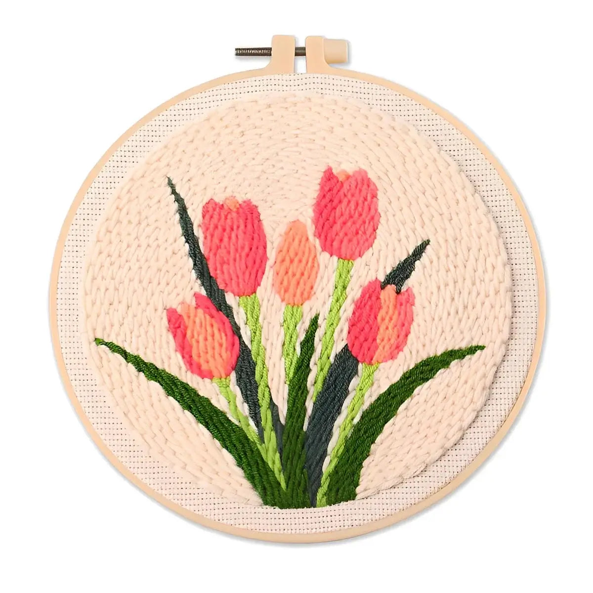 CraftHoop Garden Joy Punch Needle Kit showcasing vibrant tulip design in an embroidery hoop, perfect for home decor.