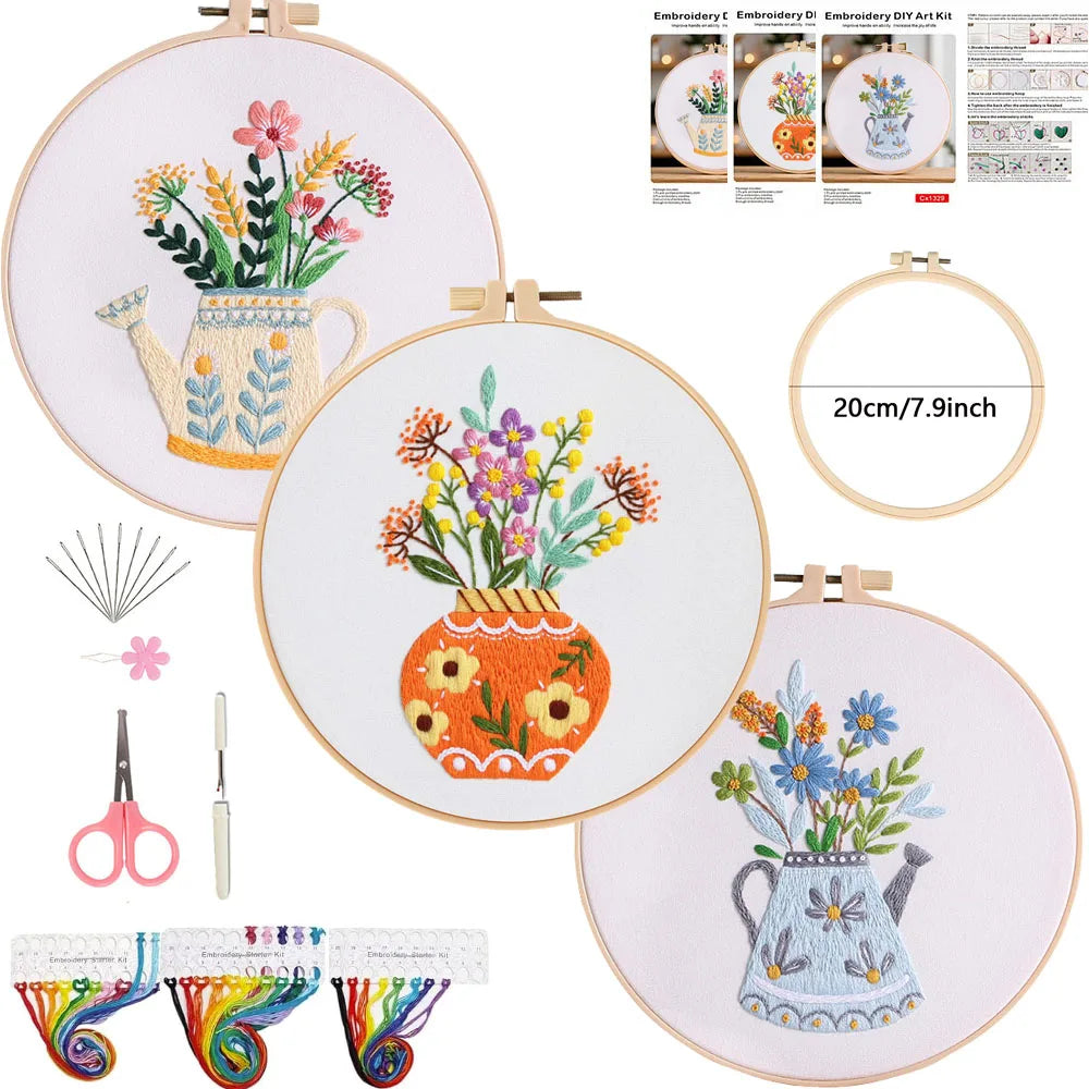 CraftHoop Blooming Vases 3-Piece Embroidery Kit Set