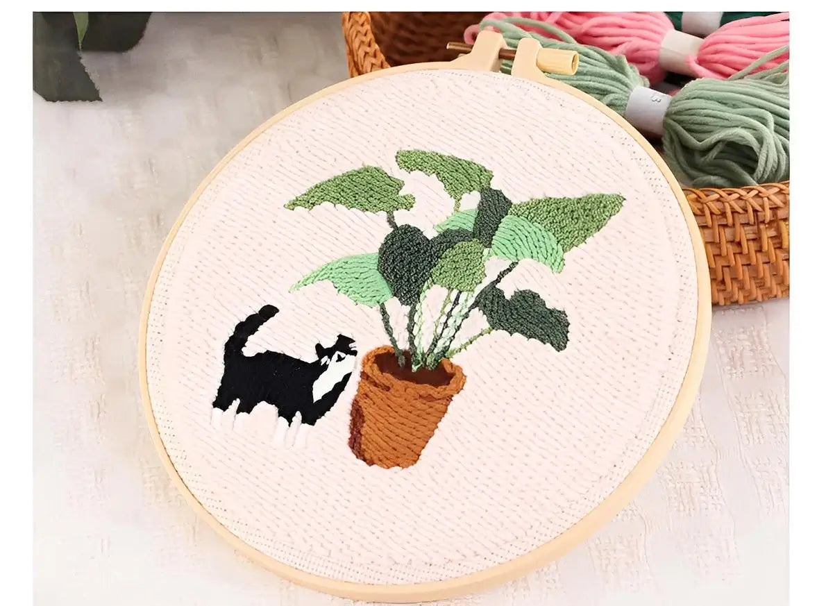 CraftHoop Cat & Plant Lovers Punch Needle Kit featuring a black cat and green plant embroidery design.