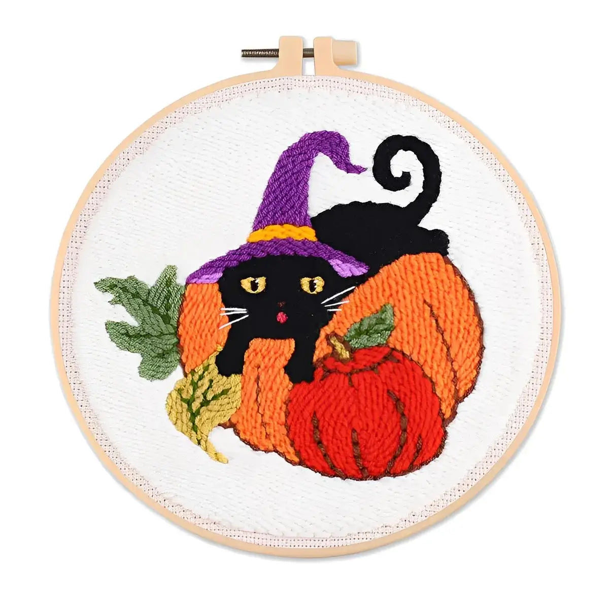 CraftHoop Pumpkin Halloween Punch Needle Kit featuring a black cat in a witch hat sitting on pumpkins.