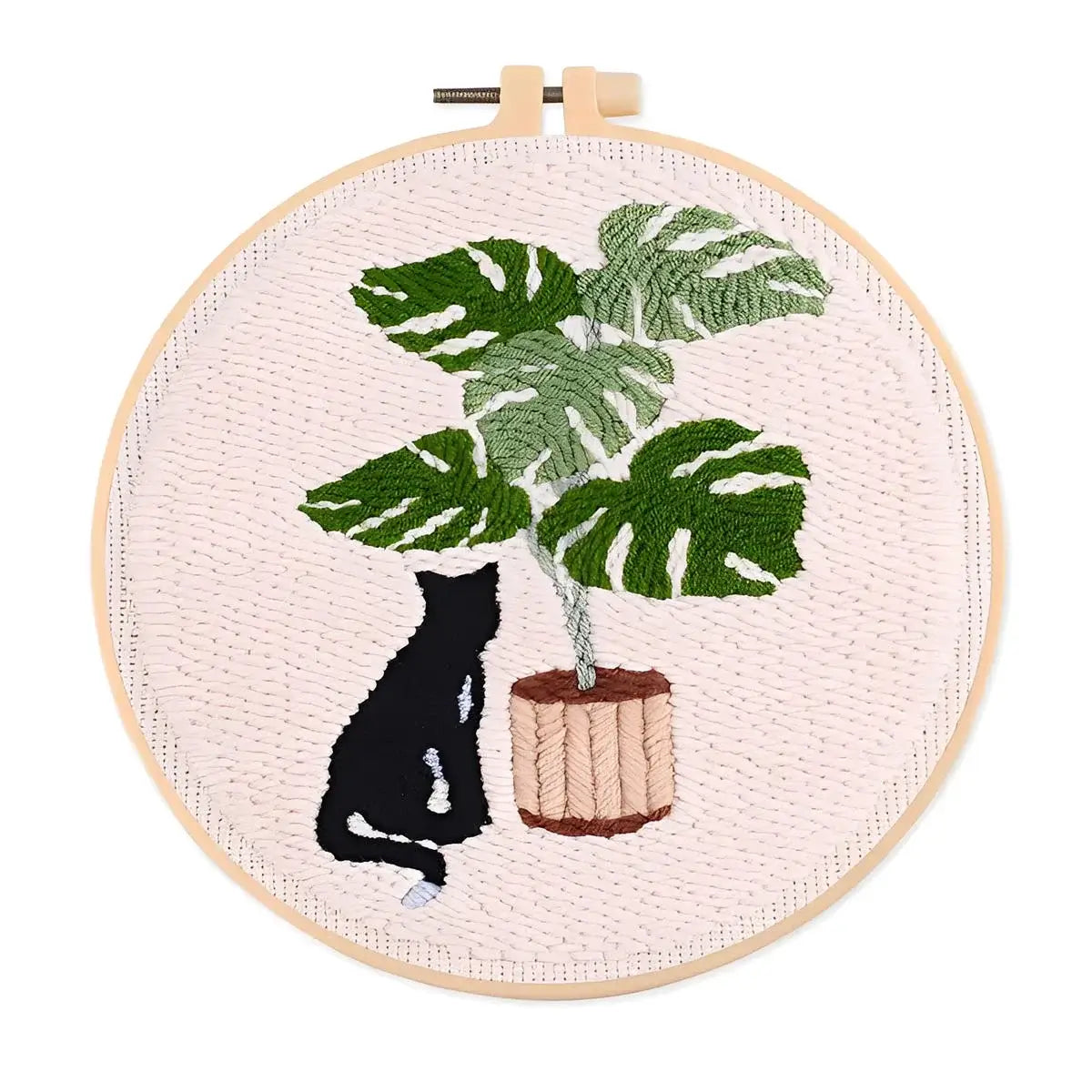 CraftHoop Cat & Plant Lovers Punch Needle Kit featuring a black cat and a lush plant design.
