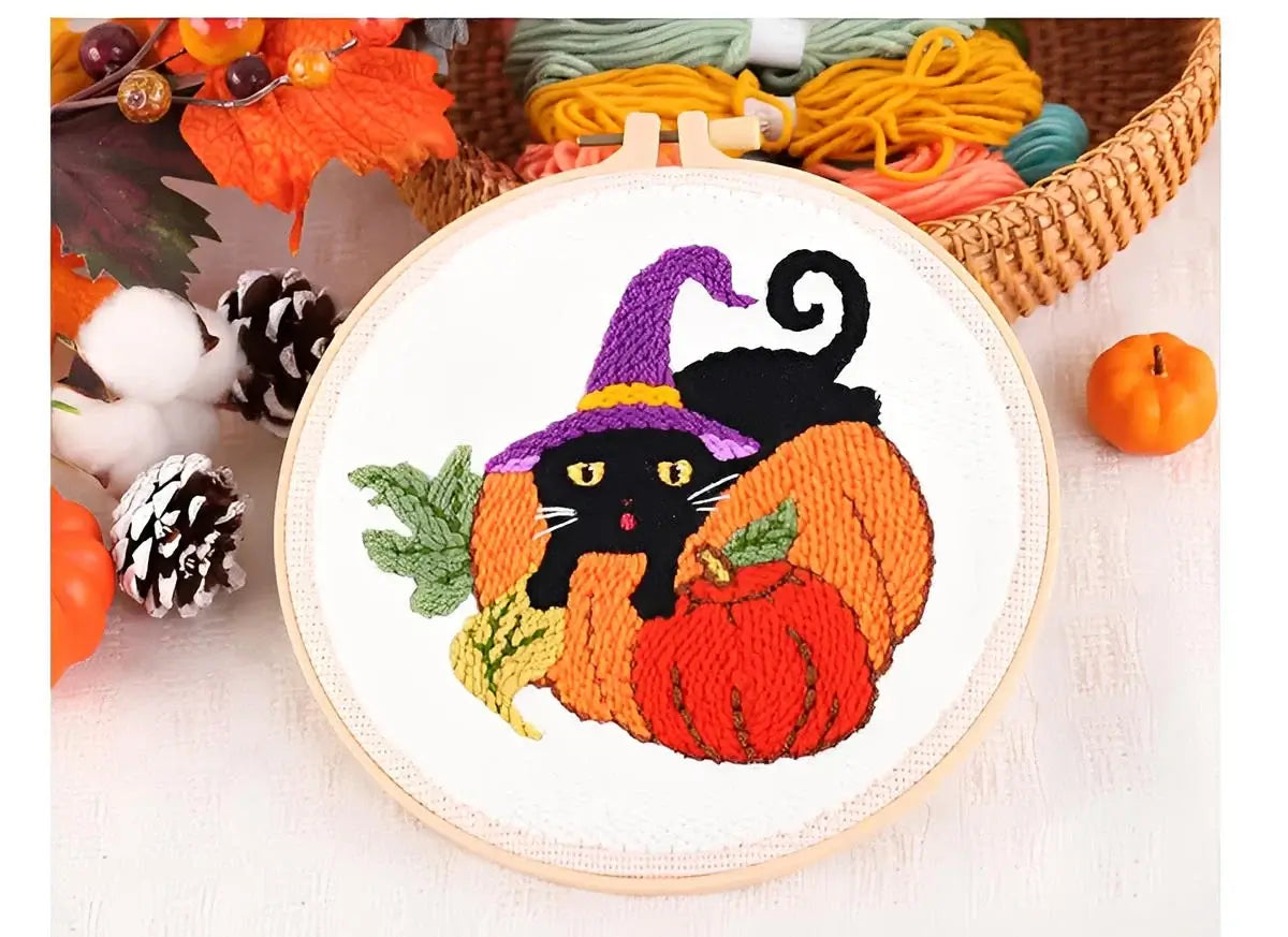 CraftHoop Pumpkin Halloween Punch Needle Kit featuring a black cat on pumpkins, perfect for festive fall decor.