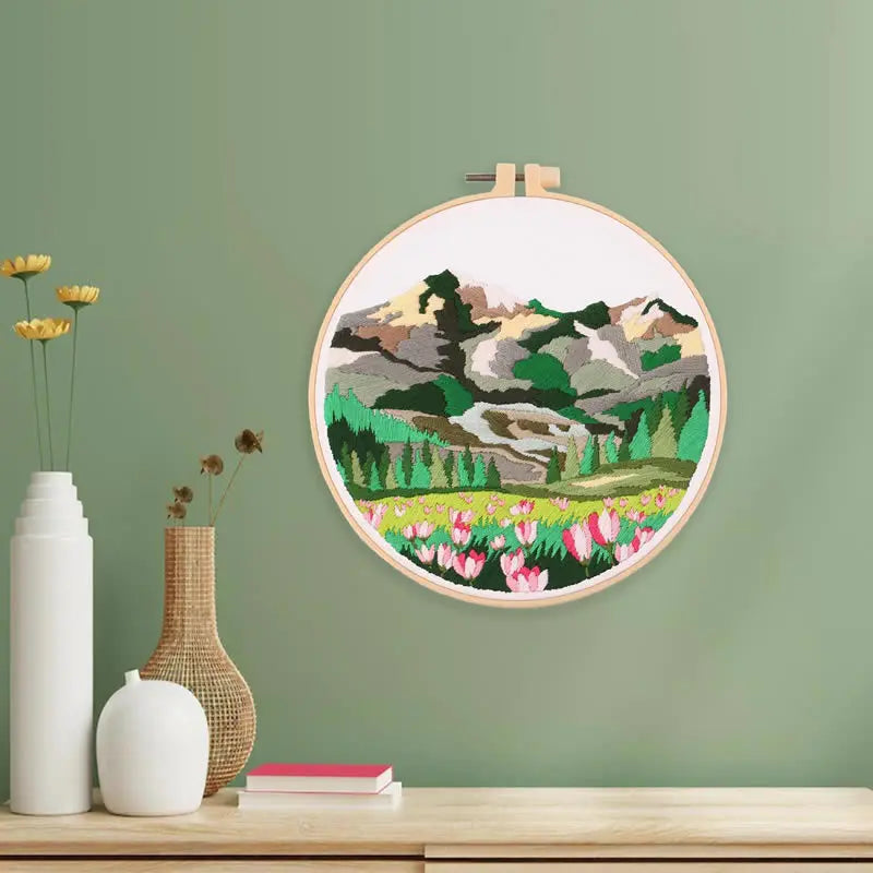 CraftHoop mountain and forest landscape embroidery - Elegant and relaxing DIY home decor project