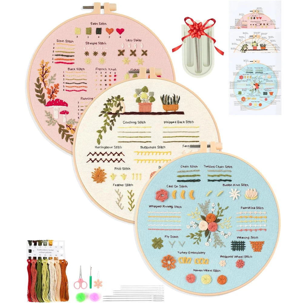 CraftHoop Beginner's Stitch Sampler 3-Set Embroidery Kit with floral patterns, complete supply kit, and step-by-step tutorials for beginners.