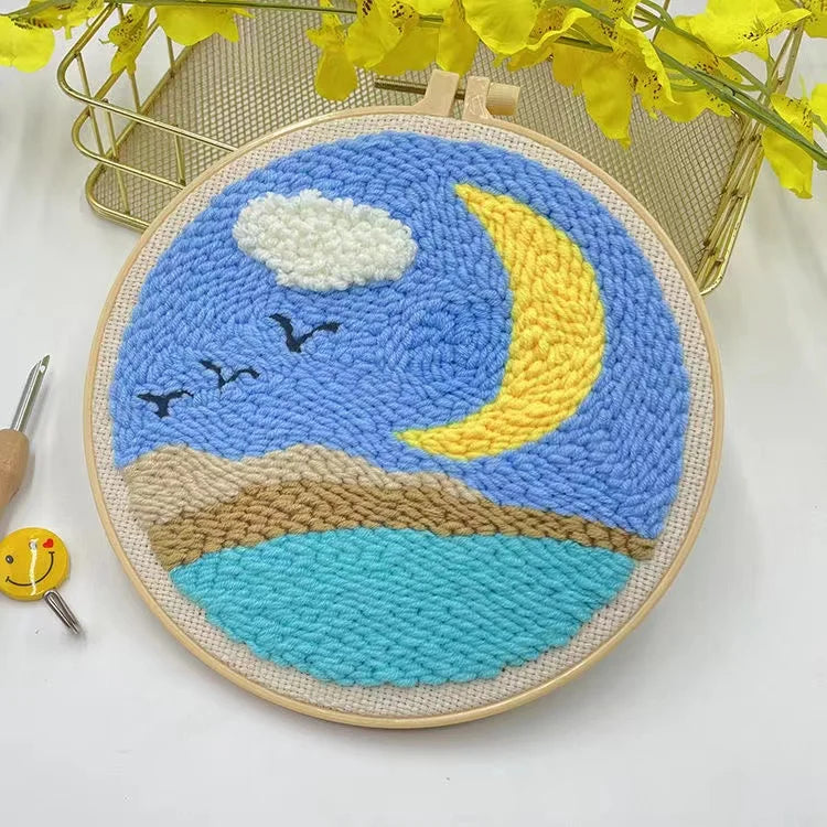 CraftHoop blue and yellow crescent moon embroidery on canvas - Perfect for embroidery beginners