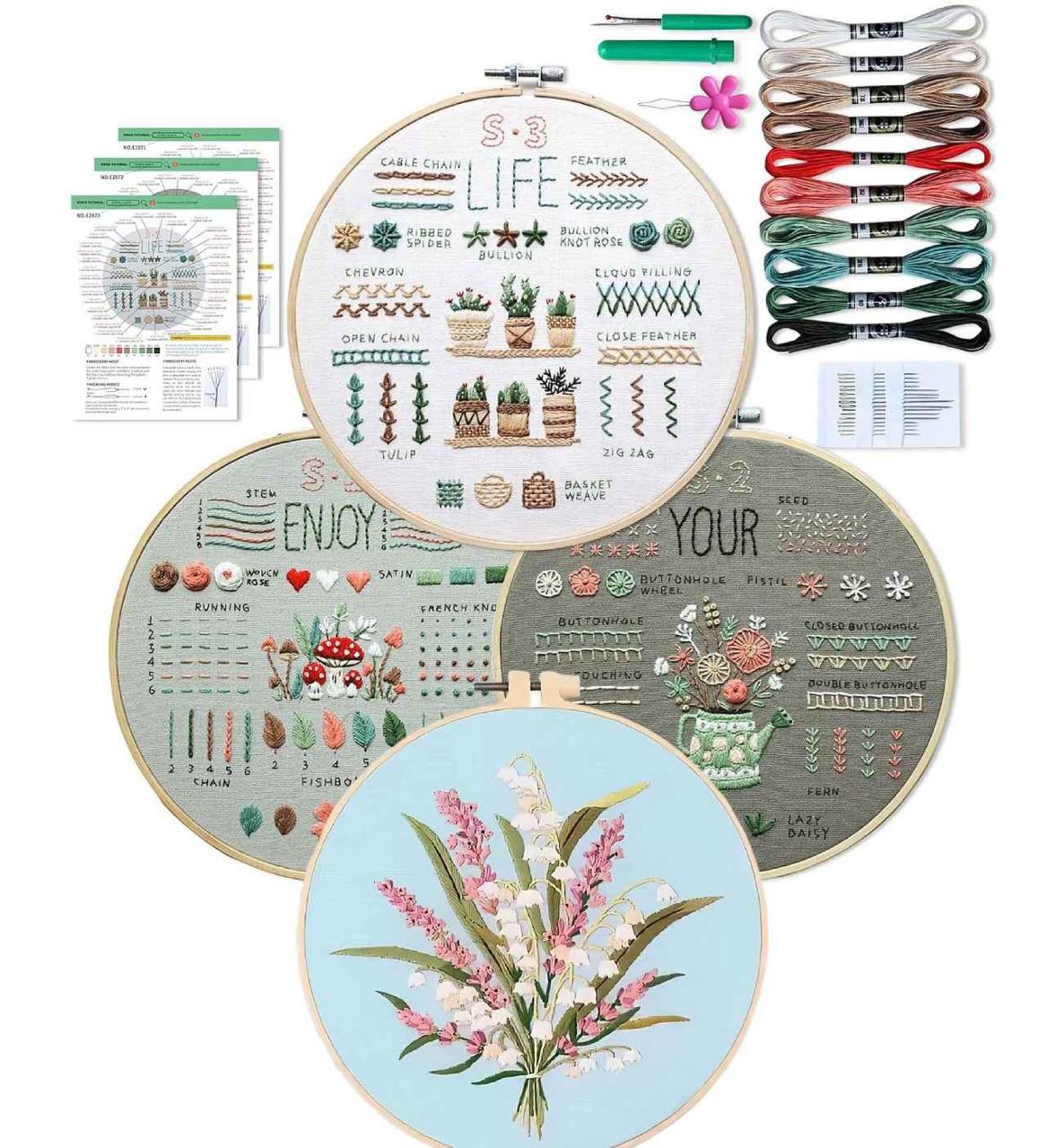 CraftHoop 4-Set Floral Design Embroidery Kit for Beginners