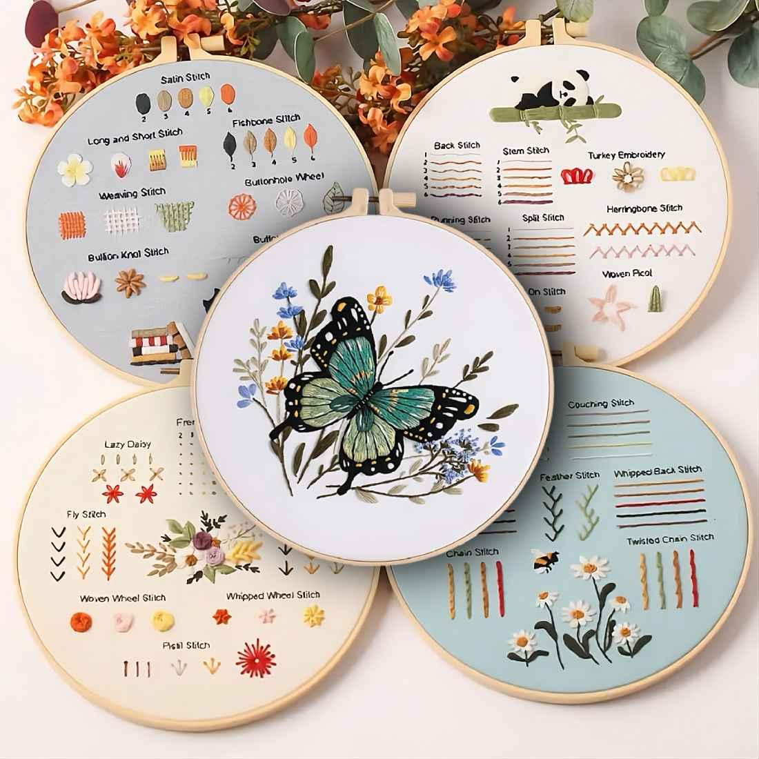 CraftHoop Beginner’s 4-Set Animal & Floral Embroidery Kit showcasing butterfly and floral designs with stitching guides.