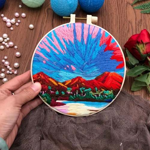 CraftHoop sunset landscape embroidery in progress - Vibrant and scenic DIY sewing kit