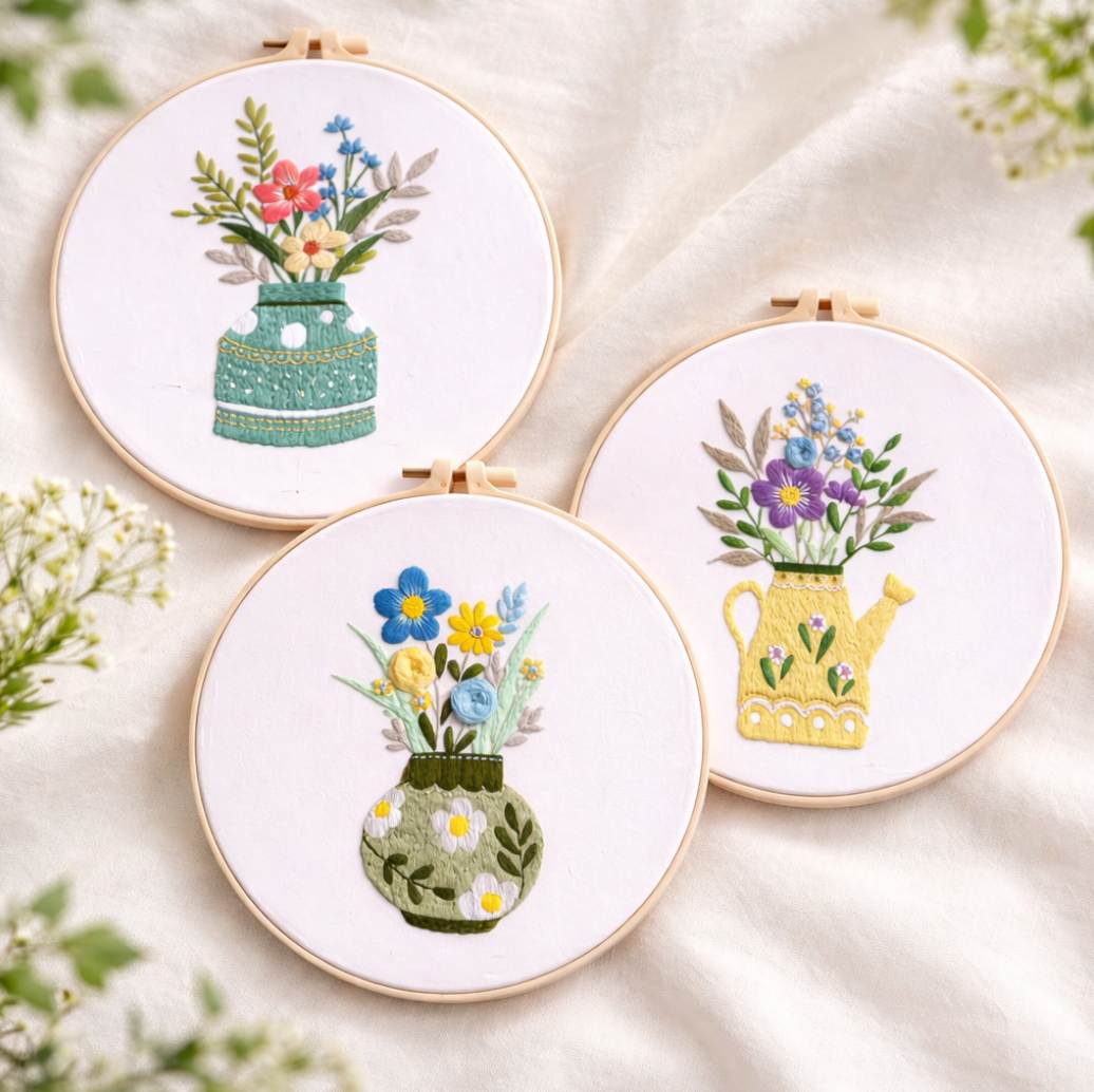 CraftHoop Blooming Vases 3-Piece Embroidery Kit Set