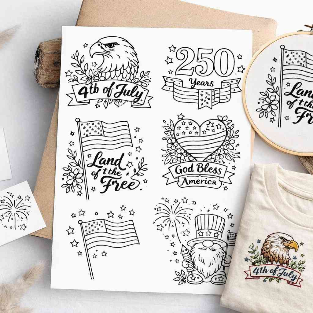 USA 250th Anniversary Stick & Stitch Patterns – Water-Soluble Embroidery Transfers