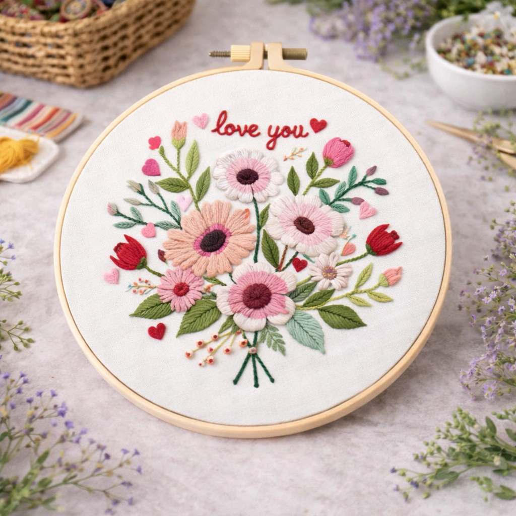 CraftHoop Love & Flowers 3-Piece Embroidery Kit Set