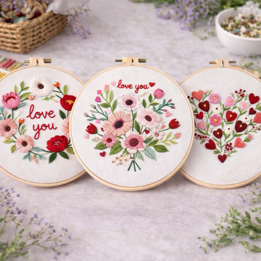 CraftHoop Love & Flowers 3-Piece Embroidery Kit Set
