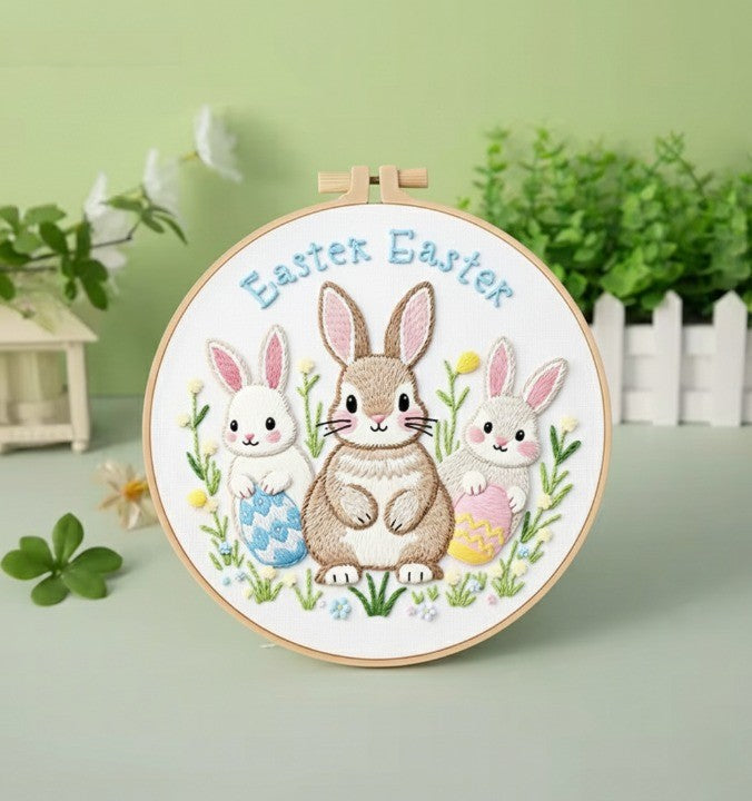 Easter Bunny Embroidery Kit With Hoop - Complete 6 Inch Craft Set For Beginners