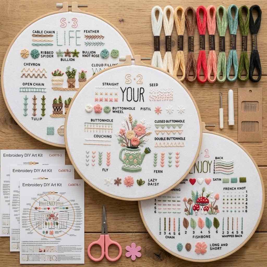 CraftHoop 3-in-1 Beginner Embroidery Kit – Learn, Practice & Stitch